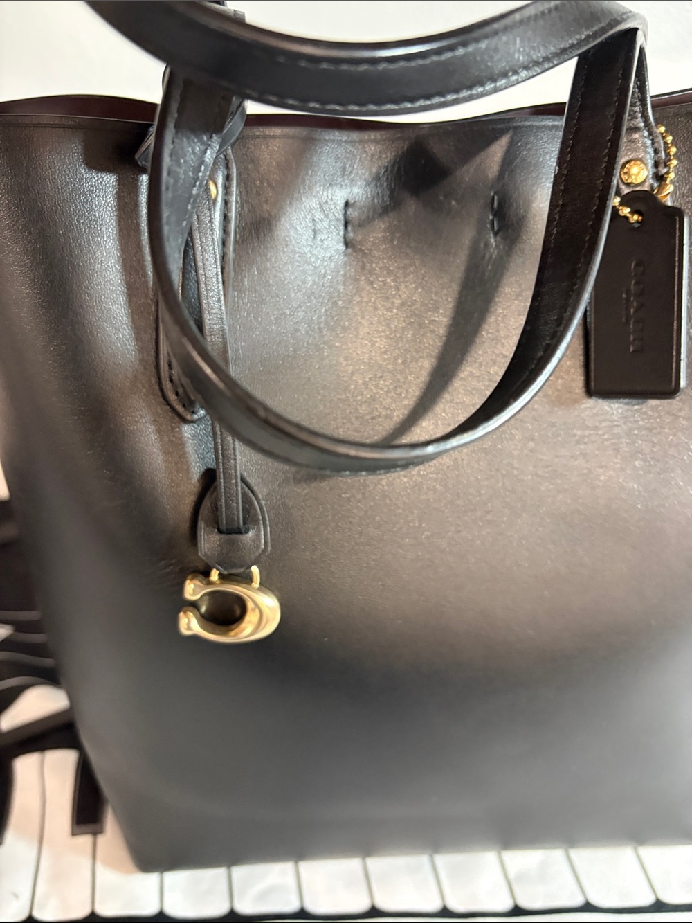 Coach Black Leather Tote with Gold Accent